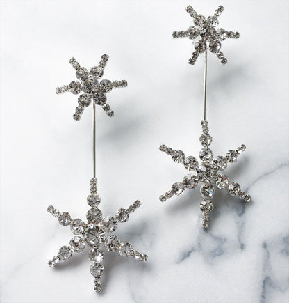 ウェディング ピアス イヤリング｜星(スター) モチーフ｜ビジュー ラインストーン｜2連 ロング｜シルバー (BC-E55)【結婚式　アクセサリー　ピアス　イヤリング】