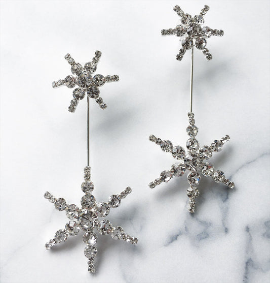 ウェディング ピアス イヤリング｜星(スター) モチーフ｜ビジュー ラインストーン｜2連 ロング｜シルバー (BC-E55)【結婚式　アクセサリー　ピアス　イヤリング】