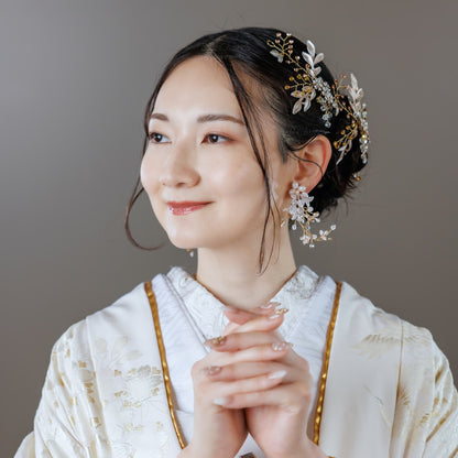 ピアス　イヤリング | 小枝アクセサリー | パール | リーフモチーフ | ゴールド | (BC-E58)【結婚式　アクセサリー　ピアス　イヤリング】