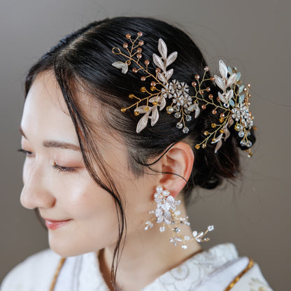 ピアス　イヤリング | 小枝アクセサリー | パール | リーフモチーフ | ゴールド | (BC-E58)【結婚式　アクセサリー　ピアス　イヤリング】