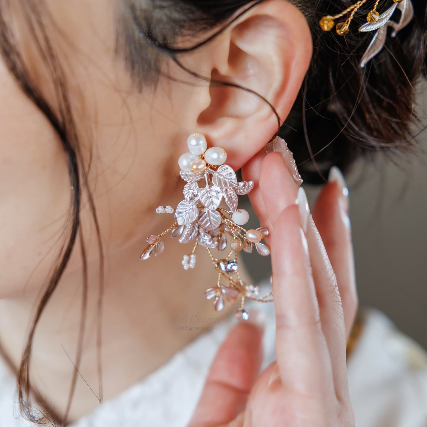 ピアス　イヤリング | 小枝アクセサリー | パール | リーフモチーフ | ゴールド | (BC-E58)【結婚式　アクセサリー　ピアス　イヤリング】