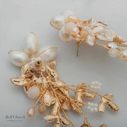 ピアス　イヤリング | 小枝アクセサリー | パール | リーフモチーフ | ゴールド | (BC-E58)【結婚式　アクセサリー　ピアス　イヤリング】