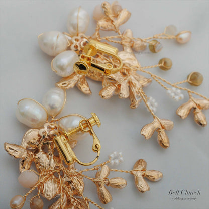ピアス　イヤリング | 小枝アクセサリー | パール | リーフモチーフ | ゴールド | (BC-E58)【結婚式　アクセサリー　ピアス　イヤリング】