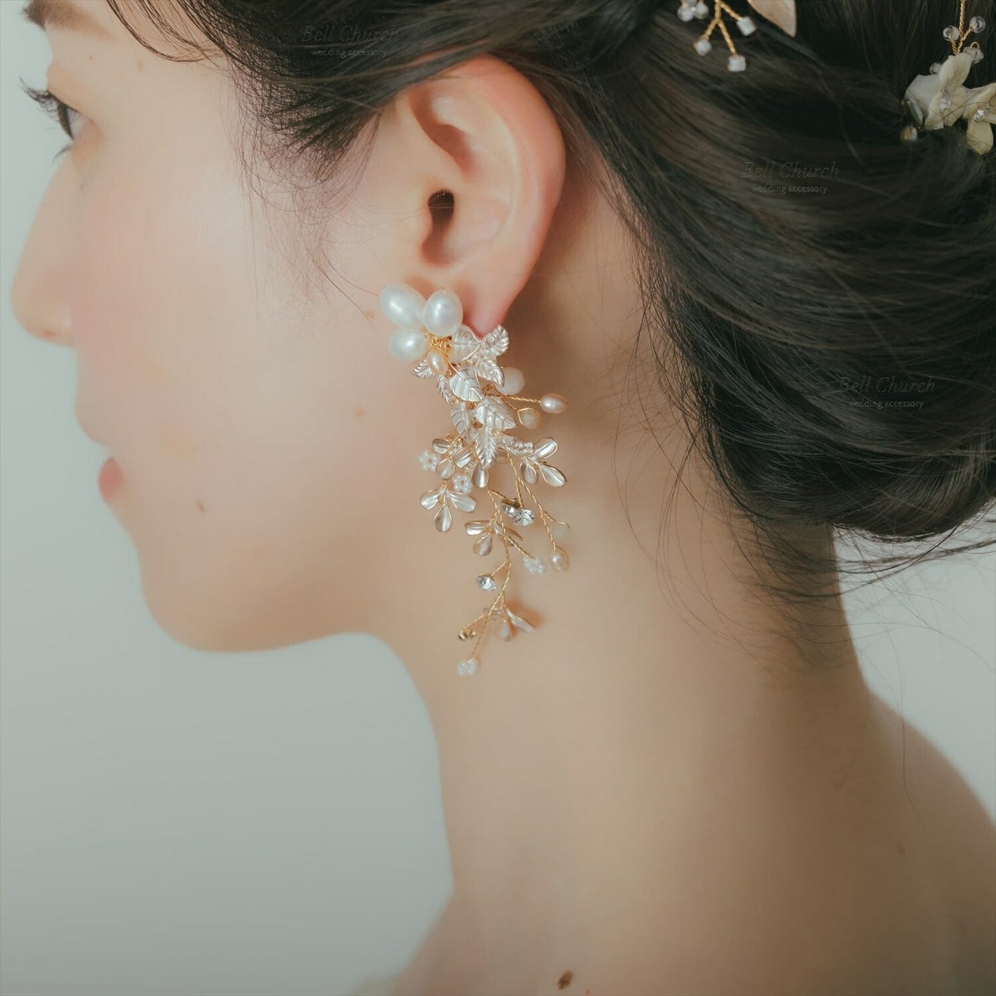 ピアス　イヤリング | 小枝アクセサリー | パール | リーフモチーフ | ゴールド | (BC-E58)【結婚式　アクセサリー　ピアス　イヤリング】