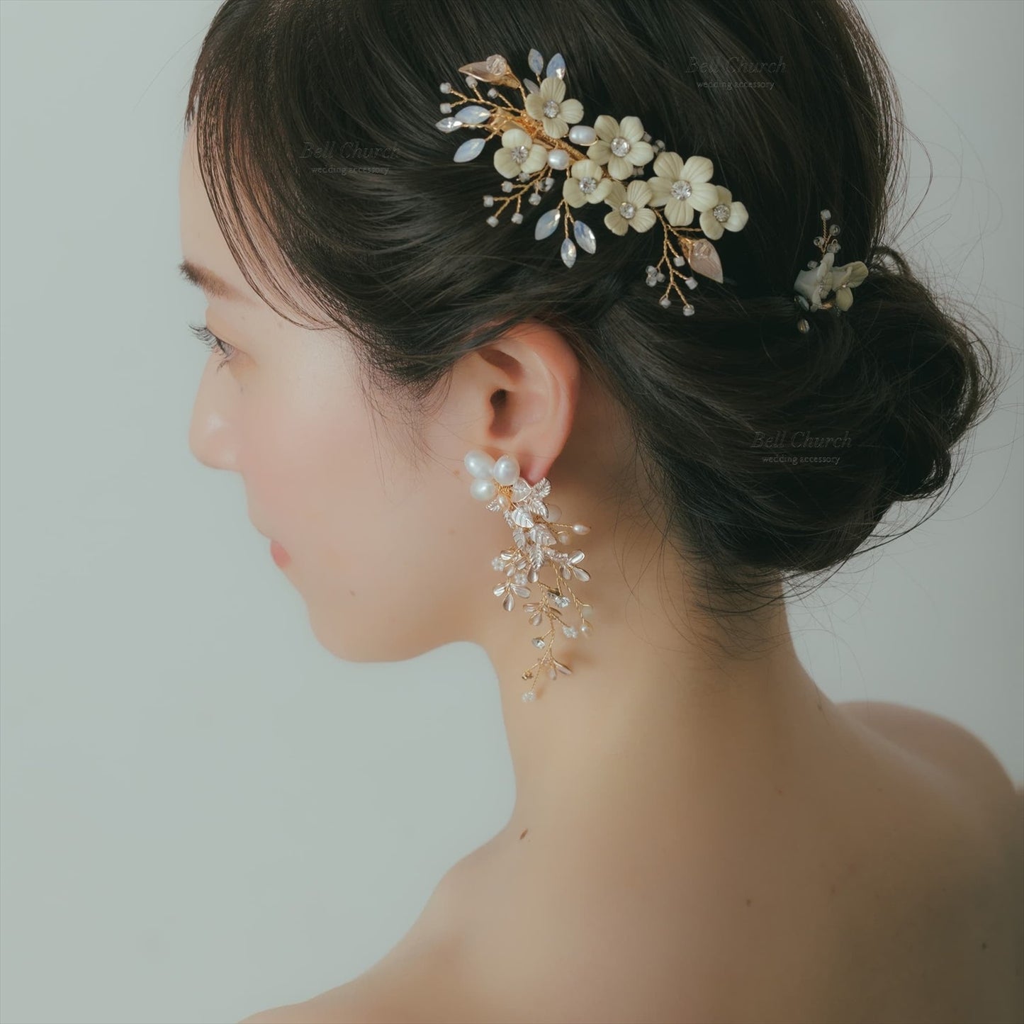 ピアス　イヤリング | 小枝アクセサリー | パール | リーフモチーフ | ゴールド | (BC-E58)【結婚式　アクセサリー　ピアス　イヤリング】