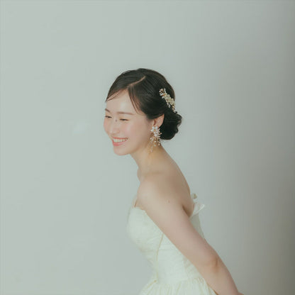 ピアス　イヤリング | 小枝アクセサリー | パール | リーフモチーフ | ゴールド | (BC-E58)【結婚式　アクセサリー　ピアス　イヤリング】