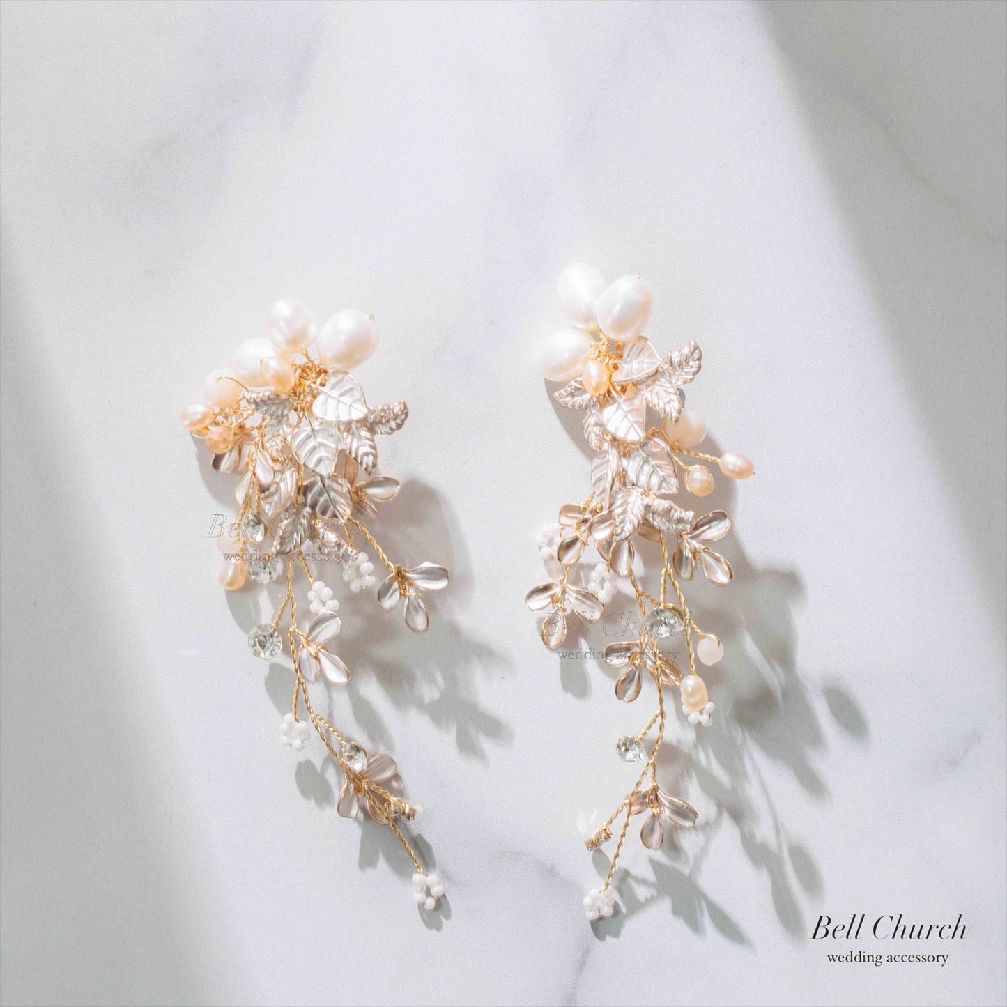 ピアス　イヤリング | 小枝アクセサリー | パール | リーフモチーフ | ゴールド | (BC-E58)【結婚式　アクセサリー　ピアス　イヤリング】
