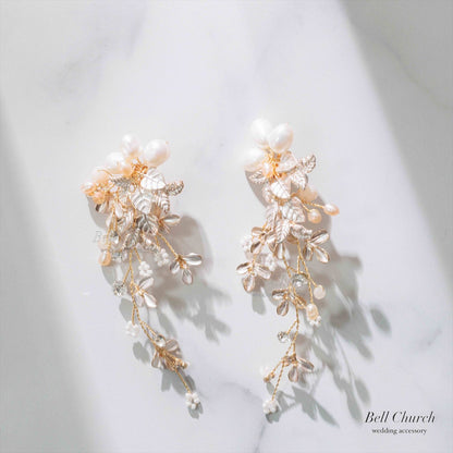 ピアス　イヤリング | 小枝アクセサリー | パール | リーフモチーフ | ゴールド | (BC-E58)【結婚式　アクセサリー　ピアス　イヤリング】