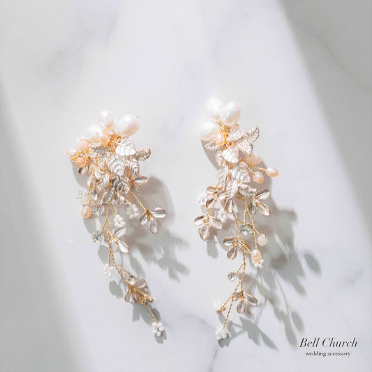 ピアス　イヤリング | 小枝アクセサリー | パール | リーフモチーフ | ゴールド | (BC-E58)【結婚式　アクセサリー　ピアス　イヤリング】