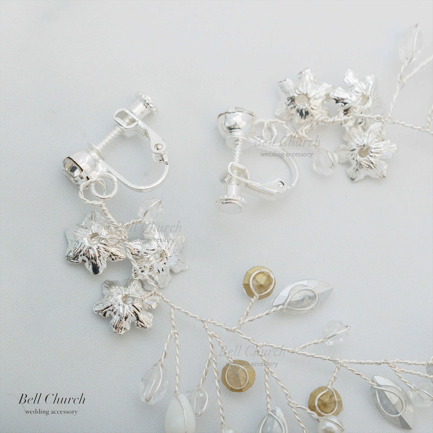 ピアス　イヤリング | 小枝アクセサリー | パール | お花モチーフ | シルバー | (BC-E62)【結婚式　アクセサリー　ピアス　イヤリング】