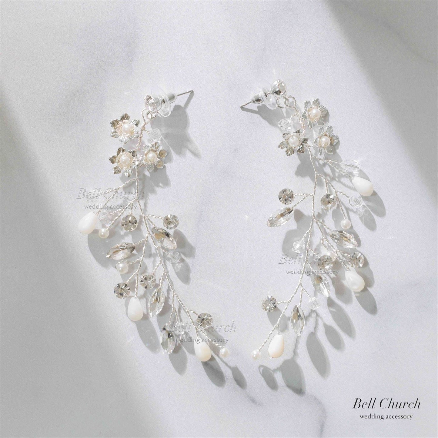 ピアス　イヤリング | 小枝アクセサリー | パール | お花モチーフ | シルバー | (BC-E62)【結婚式　アクセサリー　ピアス　イヤリング】