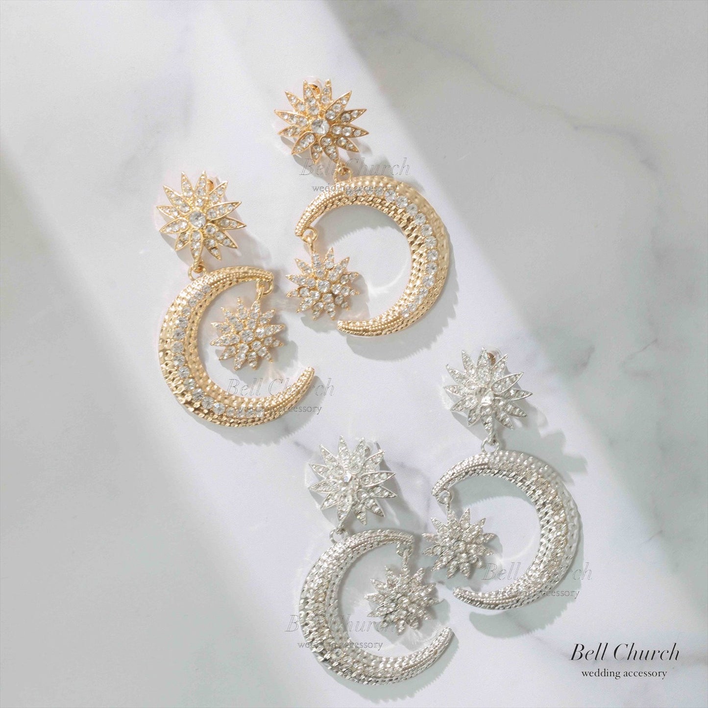 ピアス　イヤリング | ジルコニア | 星&月モチーフ | シルバー | (BC-E67)【結婚式　アクセサリー　ピアス　イヤリング】