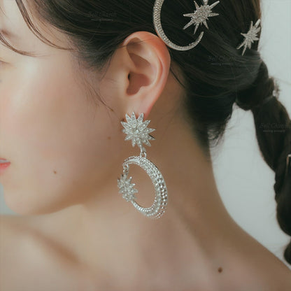 ピアス　イヤリング | ジルコニア | 星&月モチーフ | シルバー | (BC-E67)【結婚式　アクセサリー　ピアス　イヤリング】