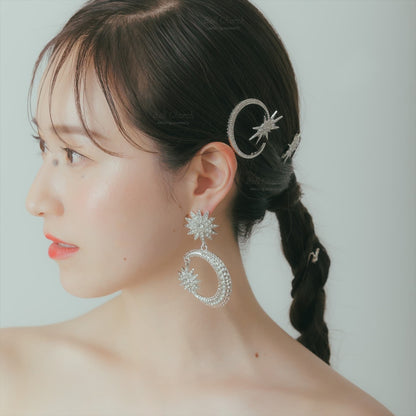 ピアス　イヤリング | ジルコニア | 星&月モチーフ | シルバー | (BC-E67)【結婚式　アクセサリー　ピアス　イヤリング】