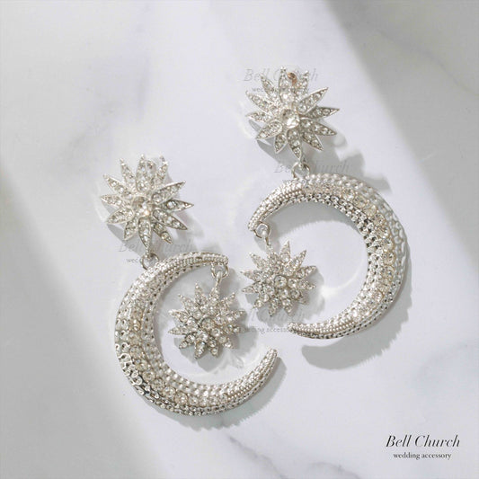 ピアス　イヤリング | ジルコニア | 星&月モチーフ | シルバー | (BC-E67)【結婚式　アクセサリー　ピアス　イヤリング】