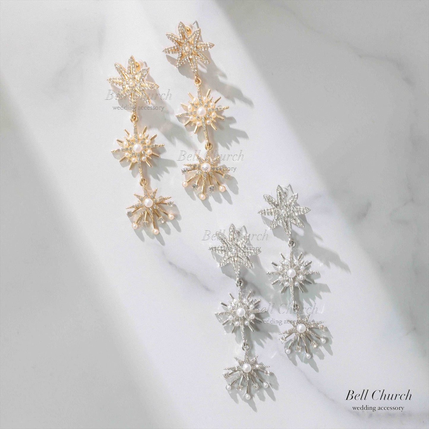 ピアス　イヤリング | ジルコニア　パール | 星モチーフ | ゴールド | (BC-E68)【結婚式　アクセサリー　ピアス　イヤリング】