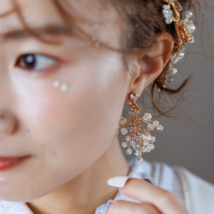 ピアス　イヤリング | 小枝アクセサリー | ジルコニア | お花モチーフ | ゴールド | (BC-E72)【結婚式　アクセサリー　ピアス　イヤリング】