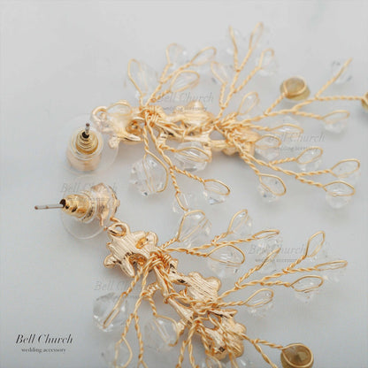 ピアス　イヤリング | 小枝アクセサリー | ジルコニア | お花モチーフ | ゴールド | (BC-E72)【結婚式　アクセサリー　ピアス　イヤリング】