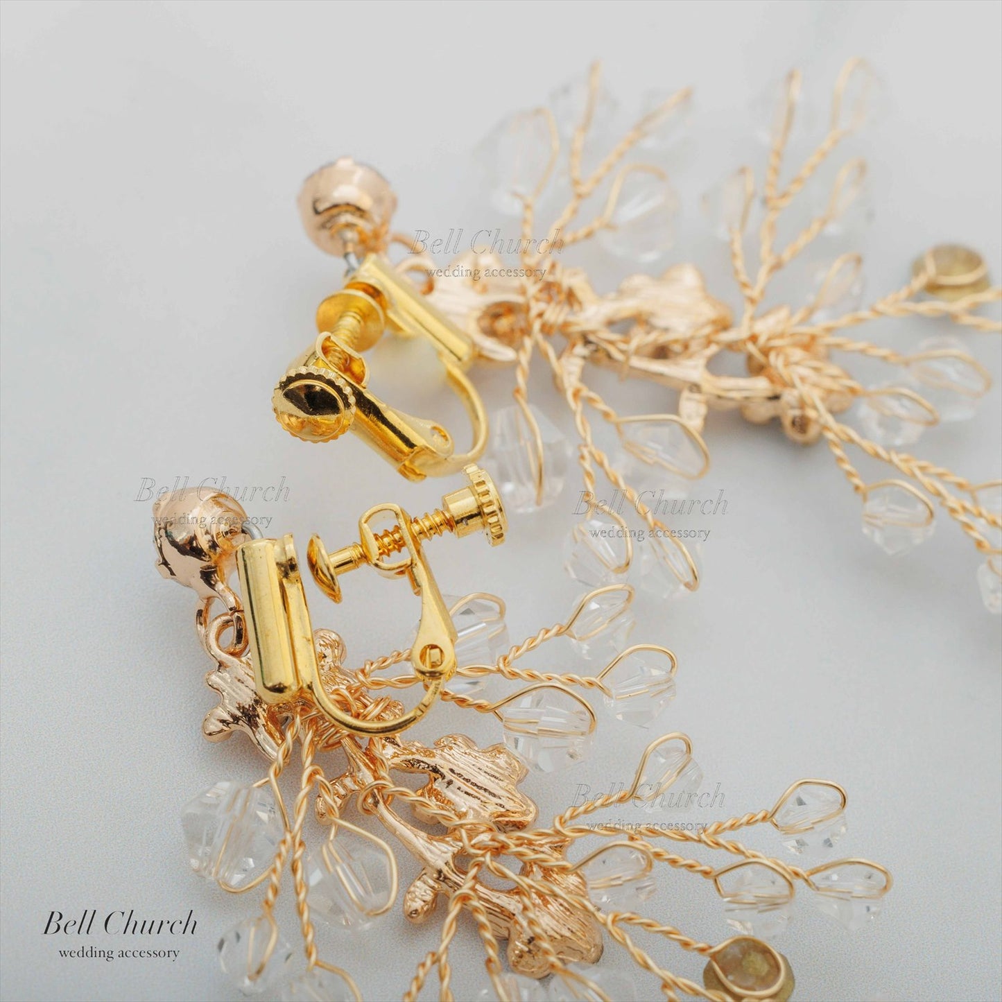 ピアス　イヤリング | 小枝アクセサリー | ジルコニア | お花モチーフ | ゴールド | (BC-E72)【結婚式　アクセサリー　ピアス　イヤリング】