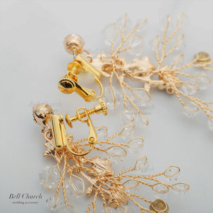 ピアス　イヤリング | 小枝アクセサリー | ジルコニア | お花モチーフ | ゴールド | (BC-E72)【結婚式　アクセサリー　ピアス　イヤリング】