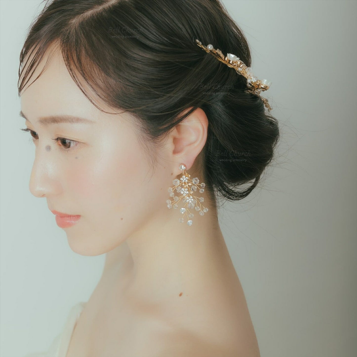 ピアス　イヤリング | 小枝アクセサリー | ジルコニア | お花モチーフ | ゴールド | (BC-E72)【結婚式　アクセサリー　ピアス　イヤリング】