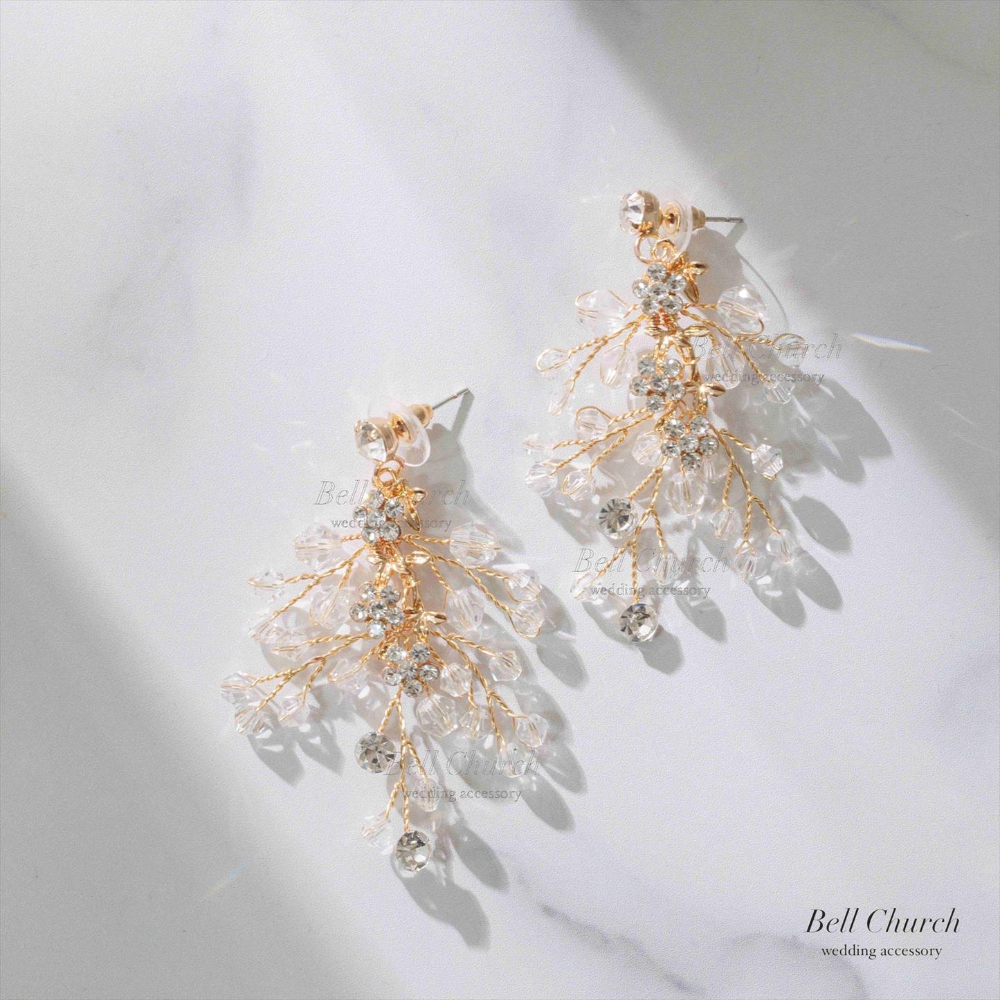 ピアス　イヤリング | 小枝アクセサリー | ジルコニア | お花モチーフ | ゴールド | (BC-E72)【結婚式　アクセサリー　ピアス　イヤリング】