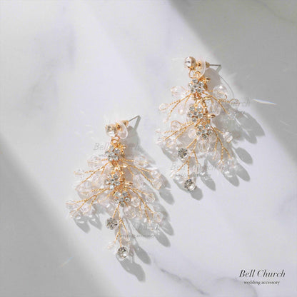 ピアス　イヤリング | 小枝アクセサリー | ジルコニア | お花モチーフ | ゴールド | (BC-E72)【結婚式　アクセサリー　ピアス　イヤリング】