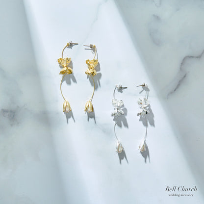ウェディング ピアス イヤリング｜ニッケルフリー ロングピアス 揺れる メタル ペタル お花 リーフ パール チタンポスト ニュアンス 金属アレルギー｜シルバー (BC-E86)【結婚式　アクセサリー　ピアス　イヤリング】
