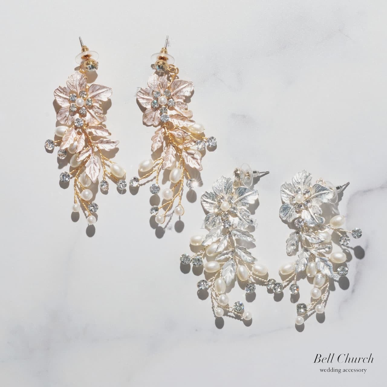 ウェディングピアス イヤリング｜ラインストーン パール｜フラワー お花モチーフ｜シルバー(BC-E90)【結婚式　アクセサリー　ピアス　イヤリング】