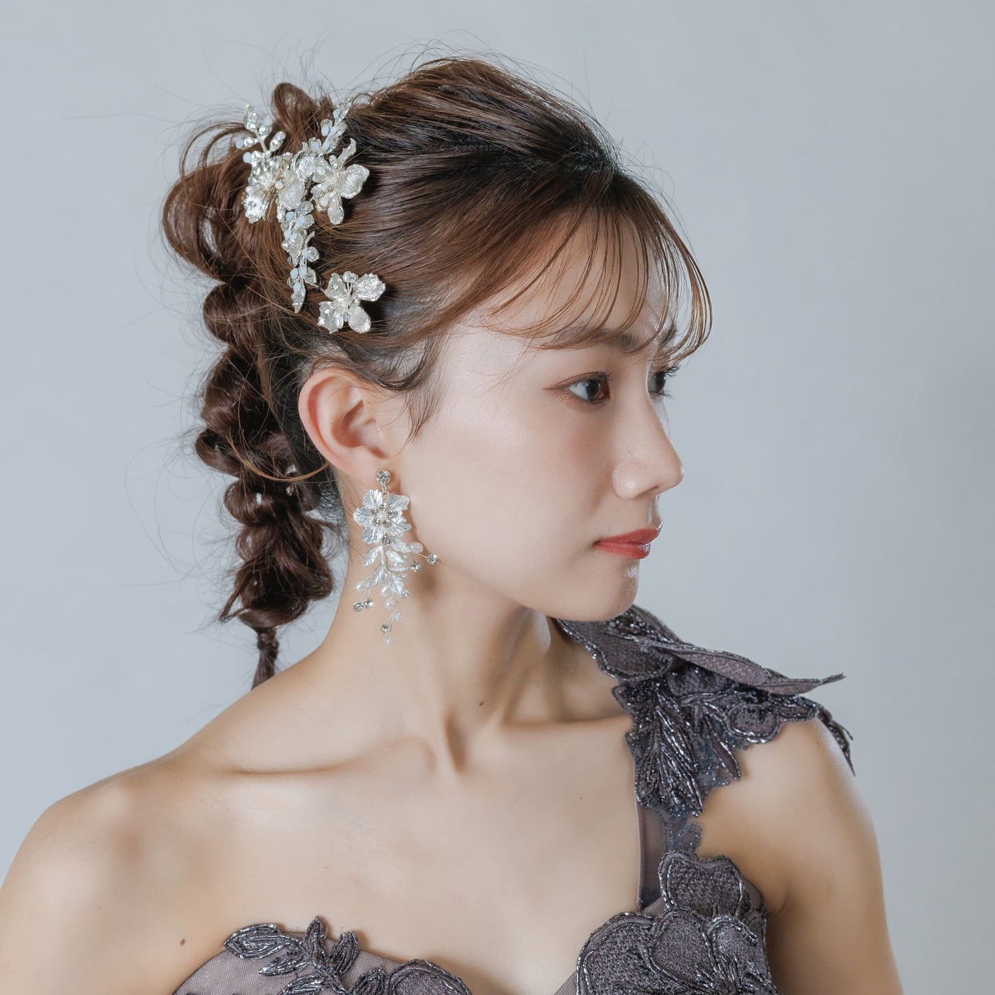 ウェディングピアス イヤリング｜ラインストーン パール｜フラワー お花モチーフ｜シルバー(BC-E90)【結婚式　アクセサリー　ピアス　イヤリング】
