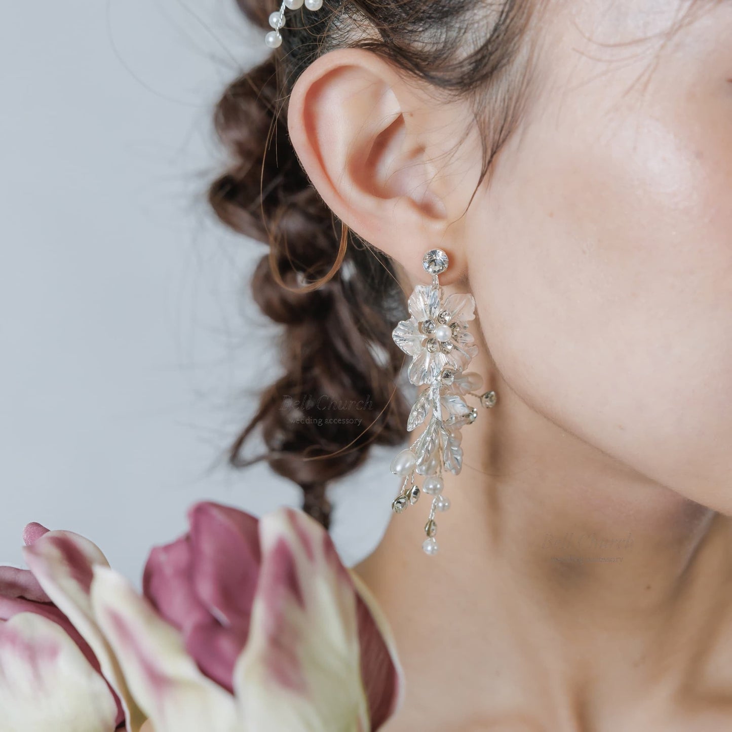 ウェディングピアス イヤリング｜ラインストーン パール｜フラワー お花モチーフ｜シルバー(BC-E90)【結婚式　アクセサリー　ピアス　イヤリング】