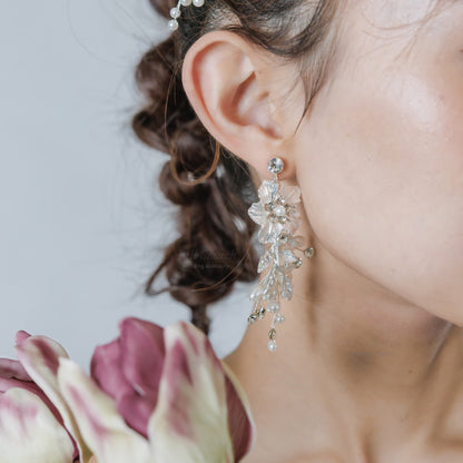 ウェディングピアス イヤリング｜ラインストーン パール｜フラワー お花モチーフ｜シルバー(BC-E90)【結婚式　アクセサリー　ピアス　イヤリング】