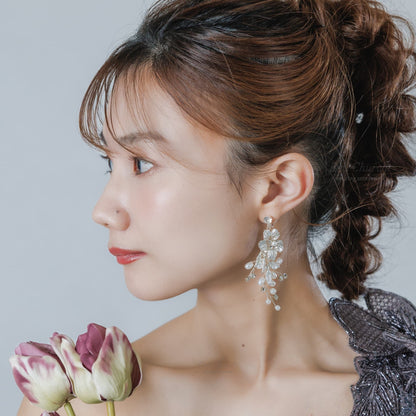 ウェディングピアス イヤリング｜ラインストーン パール｜フラワー お花モチーフ｜シルバー(BC-E90)【結婚式　アクセサリー　ピアス　イヤリング】