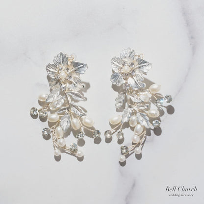 ウェディングピアス イヤリング｜ラインストーン パール｜フラワー お花モチーフ｜シルバー(BC-E90)【結婚式　アクセサリー　ピアス　イヤリング】