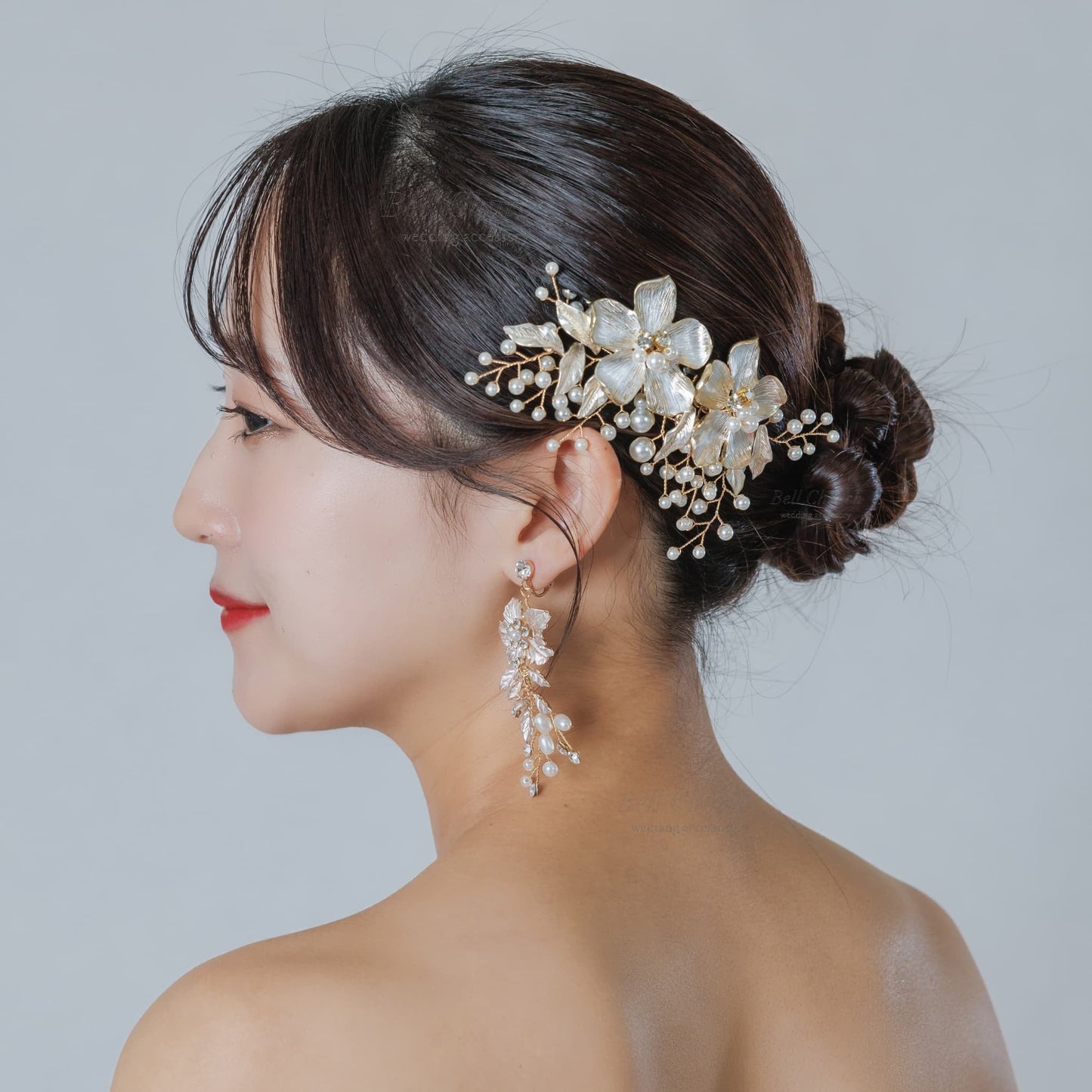 ウェディングピアス イヤリング｜ラインストーン パール｜フラワー お花モチーフ｜ゴールド(BC-E91)【結婚式　アクセサリー　ピアス　イヤリング】