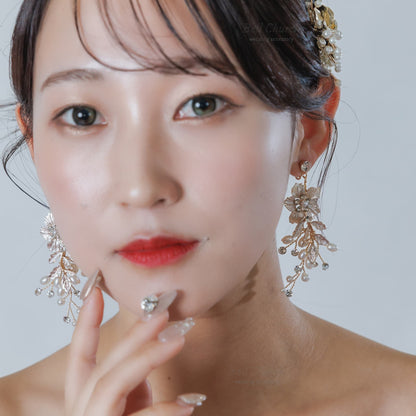 ウェディングピアス イヤリング｜ラインストーン パール｜フラワー お花モチーフ｜ゴールド(BC-E91)【結婚式　アクセサリー　ピアス　イヤリング】