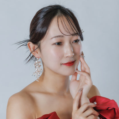 ウェディングピアス イヤリング｜ラインストーン パール｜フラワー お花モチーフ｜ゴールド(BC-E91)【結婚式　アクセサリー　ピアス　イヤリング】