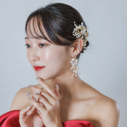 ウェディングピアス イヤリング｜ラインストーン パール｜フラワー お花モチーフ｜ゴールド(BC-E91)【結婚式　アクセサリー　ピアス　イヤリング】