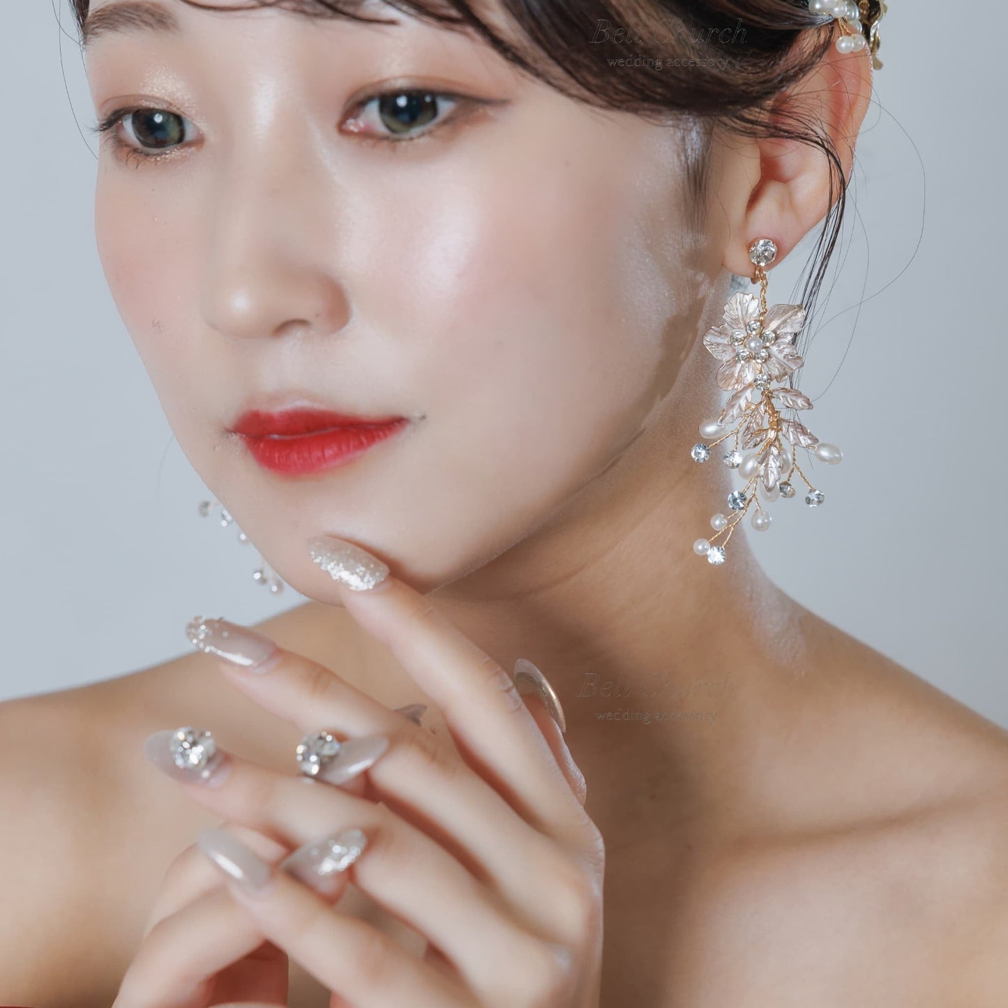 ウェディングピアス イヤリング｜ラインストーン パール｜フラワー お花モチーフ｜ゴールド(BC-E91)【結婚式　アクセサリー　ピアス　イヤリング】