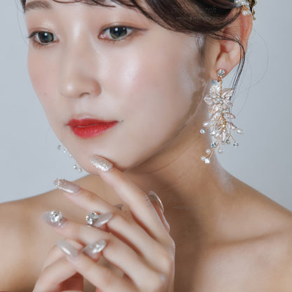 ウェディングピアス イヤリング｜ラインストーン パール｜フラワー お花モチーフ｜ゴールド(BC-E91)【結婚式　アクセサリー　ピアス　イヤリング】