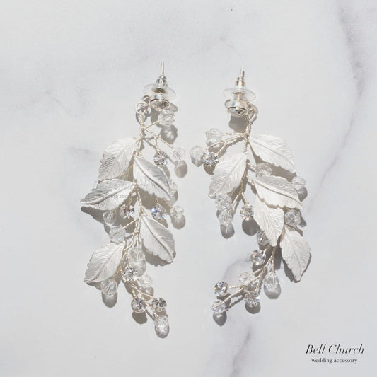 ブライダルピアス イヤリング｜ラインストーン｜葉っぱ リーフモチーフ｜シルバー(BC-E92)【結婚式　アクセサリー　ピアス　イヤリング】