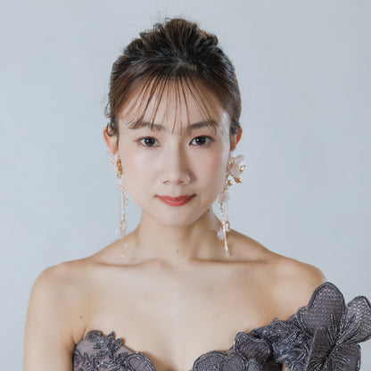 ウェディングピアス イヤリング｜ビーズ ビジュー｜お花 フラワーモチーフ 葉っぱ リーフモチーフ｜ゴールド ピンク(BC-E94)【結婚式　アクセサリー　ピアス　イヤリング】