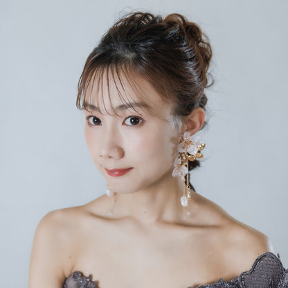 ウェディングピアス イヤリング｜ビーズ ビジュー｜お花 フラワーモチーフ 葉っぱ リーフモチーフ｜ゴールド ピンク(BC-E94)【結婚式　アクセサリー　ピアス　イヤリング】