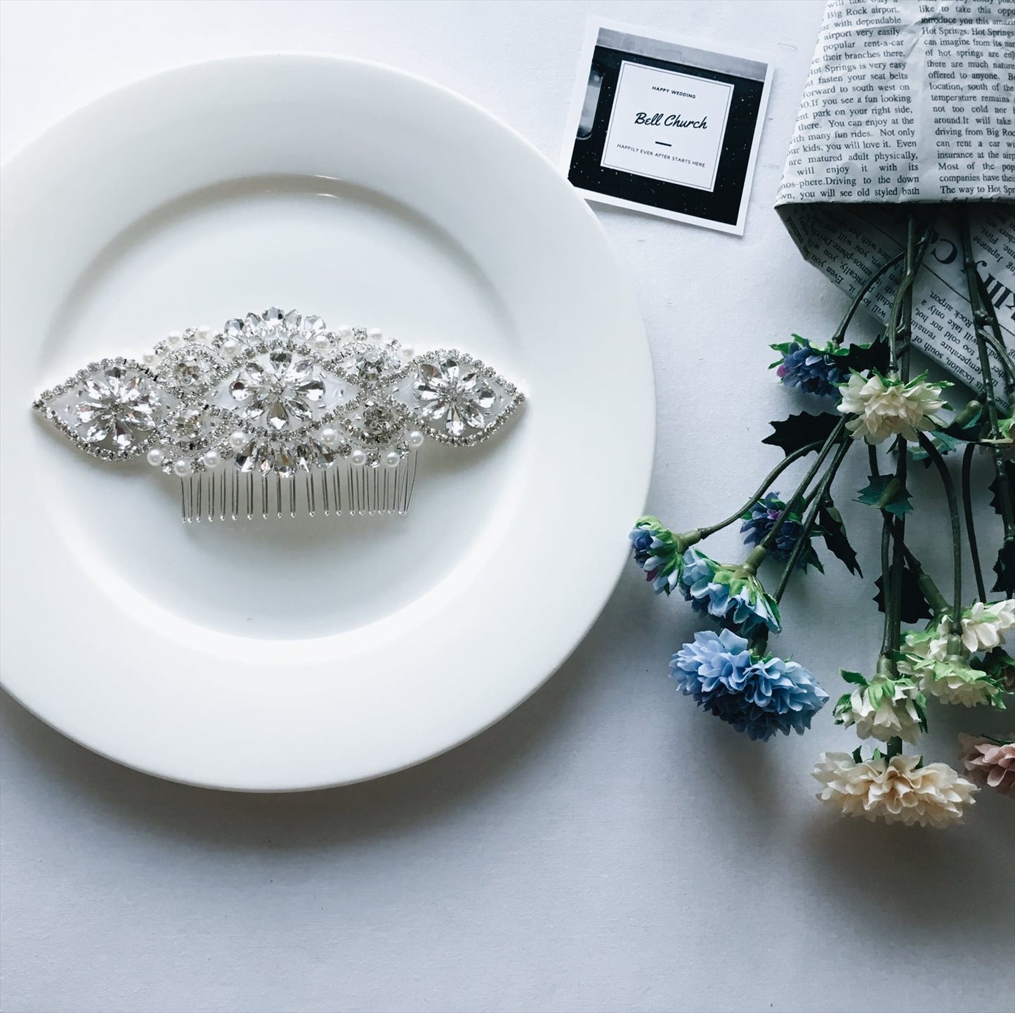 ヘッドドレス ボンネ コーム ビジュー & パール (BC-H10)｜ウェディングアクセサリー【結婚式　アクセサリー　ヘッドドレス　ヘアアクセサリー　ボンネ】