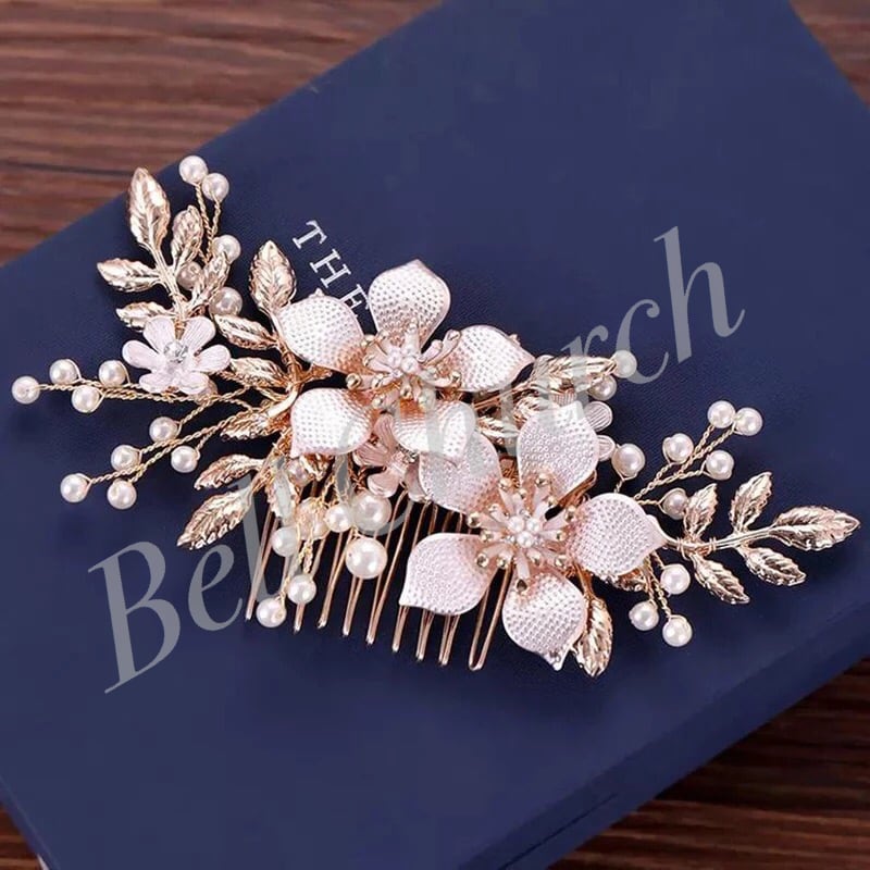 ヘアコーム パール フラワー(お花)モチーフ リーフ(葉っぱ) (BC-H13)｜ブライダルアクセサリー【結婚式　アクセサリー　ヘッドドレス　ヘアアクセサリー】