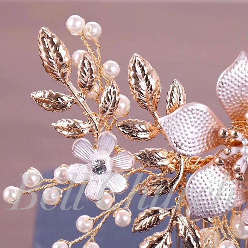 ヘアコーム パール フラワー(お花)モチーフ リーフ(葉っぱ) (BC-H13)｜ブライダルアクセサリー【結婚式　アクセサリー　ヘッドドレス　ヘアアクセサリー】
