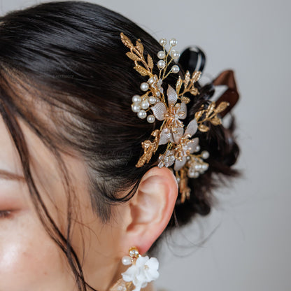 ヘアコーム パール フラワー(お花)モチーフ リーフ(葉っぱ) (BC-H13)｜ブライダルアクセサリー【結婚式　アクセサリー　ヘッドドレス　ヘアアクセサリー】