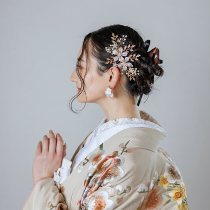 ヘアコーム パール フラワー(お花)モチーフ リーフ(葉っぱ) (BC-H13)｜ブライダルアクセサリー【結婚式　アクセサリー　ヘッドドレス　ヘアアクセサリー】