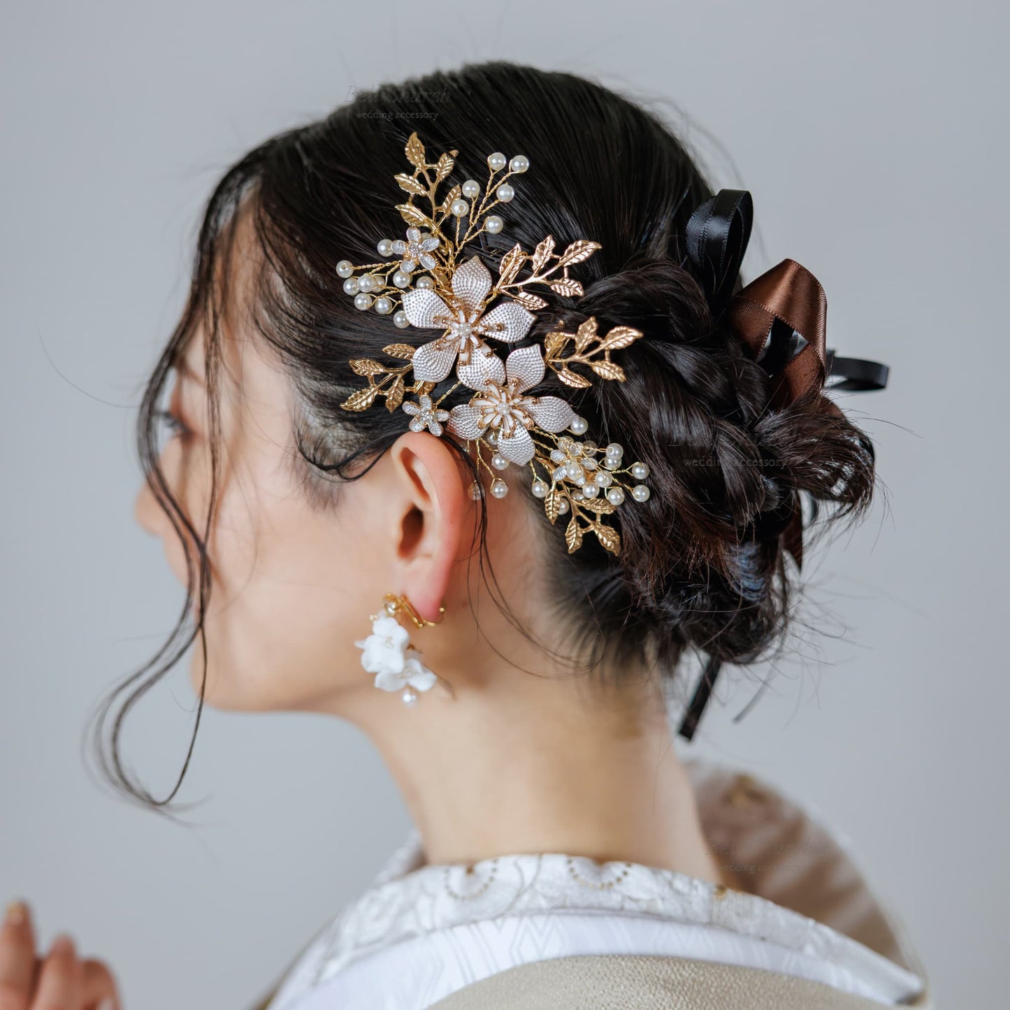 ヘアコーム パール フラワー(お花)モチーフ リーフ(葉っぱ) (BC-H13)｜ブライダルアクセサリー【結婚式　アクセサリー　ヘッドドレス　ヘアアクセサリー】