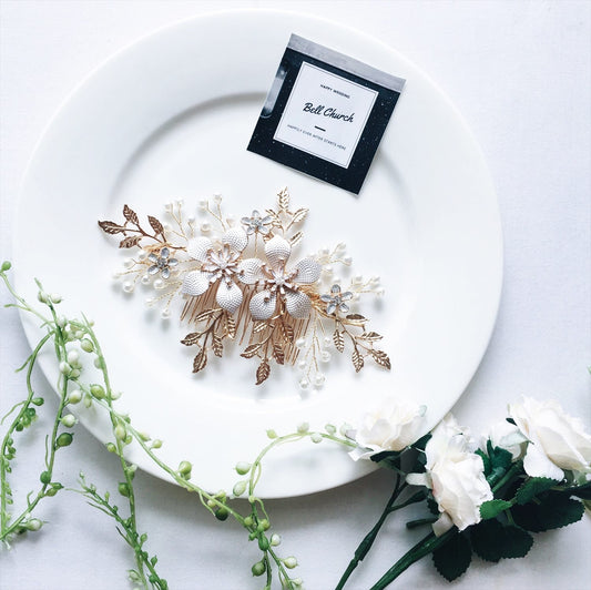 ヘアコーム パール フラワー(お花)モチーフ リーフ(葉っぱ) (BC-H13)｜ブライダルアクセサリー【結婚式　アクセサリー　ヘッドドレス　ヘアアクセサリー】